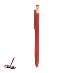 A red ballpoint pen with a stylus tip and a clip, featuring a simple design and a logo.