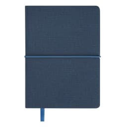 A navy blue notebook with a textured cover and an elastic band closure. It features a ribbon bookmark.