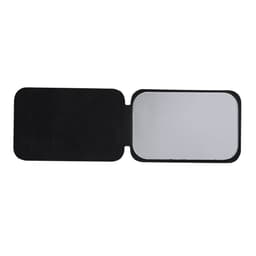 A compact mirror with a black case, featuring an internal mirror on one side and slots for cards on the other.
