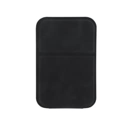 A black rectangular mirror with rounded edges, featuring a simple design and a logo in the corner.