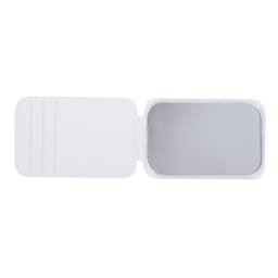 A white compact mirror with a rectangular reflective surface and a hinged lid. It has a simple design.