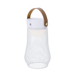 A white mesh lamp with a brown leather handle, featuring a switch on the top.