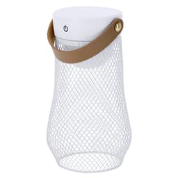 A white lamp with a mesh design and a brown handle. It features a power button on the top.