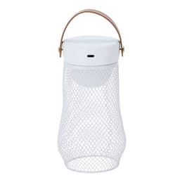 A white wire mesh lamp with a brown handle, featuring a sleek, modern design and a minimalistic look.