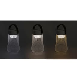A lamp with a mesh design and a handle, featuring three lighting colours: white, warm white, and yellow.