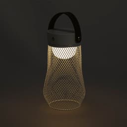 A mesh lantern with a black top and handle, featuring a warm white light inside, glowing in a dark setting.