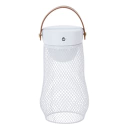 A white mesh lamp with a round top and a leather handle, featuring a power button on the top.