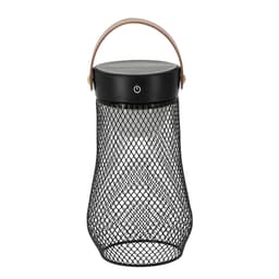 A black mesh lantern with a wooden handle and a power button on the top. Suitable for home décor.