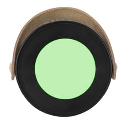 A round lamp with a black base and a green light glowing in the centre, encased in a leather strap.