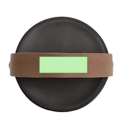 A black lamp with a brown leather strap and a rectangular area for branding or customization.