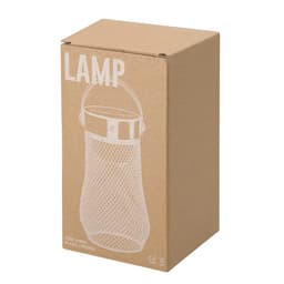 A lamp in a mesh design packaging, featuring a handle and metallic detailing, presented in a plain brown box.