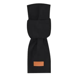 A black knitted scarf with a folded design and a small branded tag.
