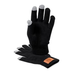 A pair of black gloves with grey fingertip accents and a small branded patch.