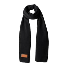 A black scarf with a branded patch at one end, made from soft fabric.