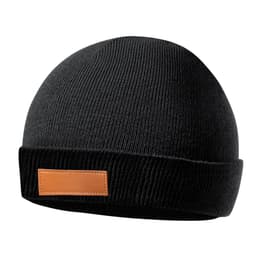 A black beanie with a folded cuff and a leather patch branding. Ideal for cold weather accessories.