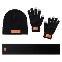A black beanie, pair of gloves with touch tips, and a scarf, all featuring a leather patch.