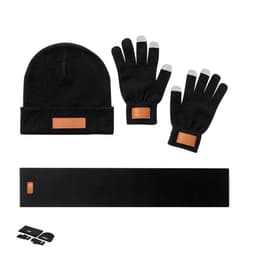 A black beanie, black gloves with touch tips, and a black scarf, featuring a logo patch.