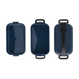 A navy blue lunch box featuring a sleek design, handles, and a black strap. Includes a logo on the side.