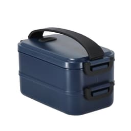 A navy blue lunch box with a black handle and clips, featuring two stackable compartments.