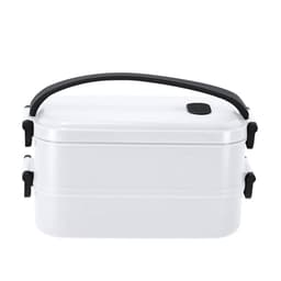 A white lunch box with a black handle and clips, designed with two stacked compartments.