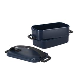 A navy lunch box with a removable lid and handles, featuring a stackable design. It has a smooth, glossy finish.