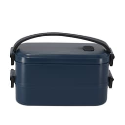 A dark navy lunch box with two stacked compartments and a black lid, featuring a handle and clips for securing.