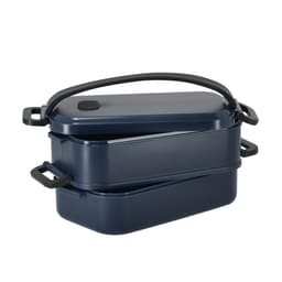 A dark blue stackable lunch box with a handle and two compartments. It has a black lid and side handles.