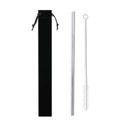 A drinking straw set including a stainless steel straw, cleaning brush, and a black storage pouch.