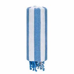 A rolled blue and white striped towel with tassels at one end, featuring a simple design.