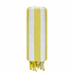 A yellow and white striped bath towel rolled neatly, featuring tassels at one end and a logo.