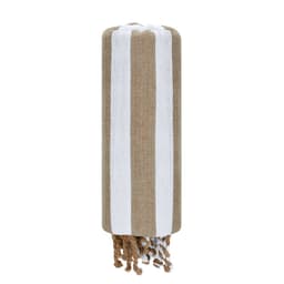 A bath towel in brown with white stripes, featuring tasselled edges and a simple design. It also has a logo.