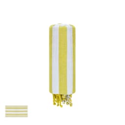 A rolled yellow and white striped towel with tassels, featuring a logo on the side.