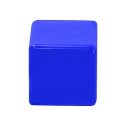 A blue stress cube with a smooth surface. It features a logo on one side.