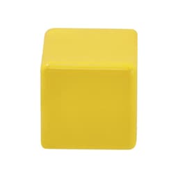 A yellow stress cube with a smooth, shiny surface, featuring a logo on one side.