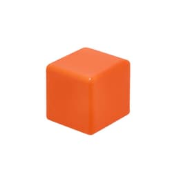 An orange stress cube with smooth edges, featuring a shiny finish. It has a simple design and contains a logo.