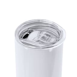 A drink bottle in white, featuring a clear lid with a straw opening and a built-in drink spout. Includes a logo.