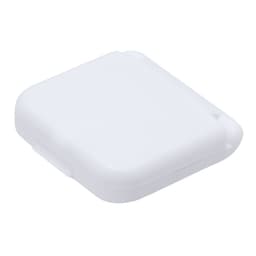 A white square container with rounded edges and a hinged lid, featuring a built-in clasp.