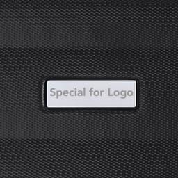 A black wheeled bag featuring a rectangular area for branding. The surface has a textured design.