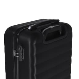 A wheeled bag in black with a textured surface, featuring a metallic handle and zip closure. It has a logo on the front.