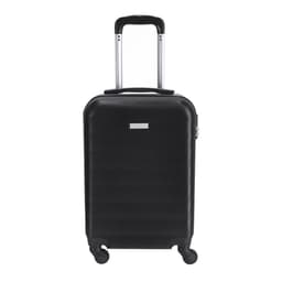 A black wheeled bag with a sturdy handle and four wheels for easy manoeuvrability. It features a logo on the front.