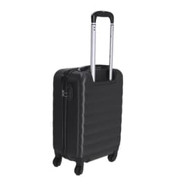 A wheeled black bag with a textured surface and extendable handle, designed for travel. It features four wheels for mobility.