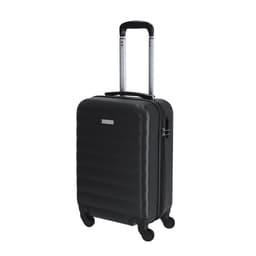 A wheeled black bag with a textured surface, featuring a retractable handle and four wheels for easy mobility.