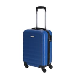 A blue wheeled bag with a hard shell, retractable handle, and four wheels for easy manoeuvrability. It features a logo.