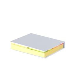 A notebook with a white cover and yellow sticky notes, featuring assorted sticky flags in pink, green, and orange.