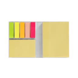 A set of sticky notes in various colours, including yellow, green, pink, orange, and peach, arranged in a clear holder.