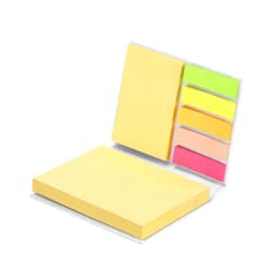 A notebook featuring yellow sticky notes and colourful flags in green, pink, orange, and yellow, with a logo.