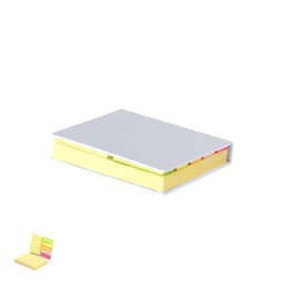 A notebook with a grey cover and yellow sticky notes, featuring colourful flags along the side, and a small image of the same product.