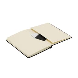 An open Rubin Notebook featuring a cream interior and a black cover, with a pocket for documents.