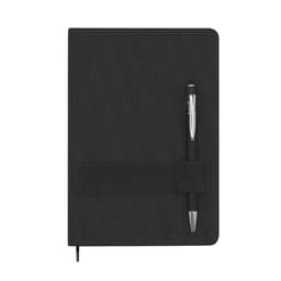 A black notebook with a textured cover and an attached pen, featuring a strap for secure closure.