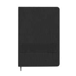 A black notebook with a textured cover, featuring an elastic band and a ribbon bookmark. It includes a logo.